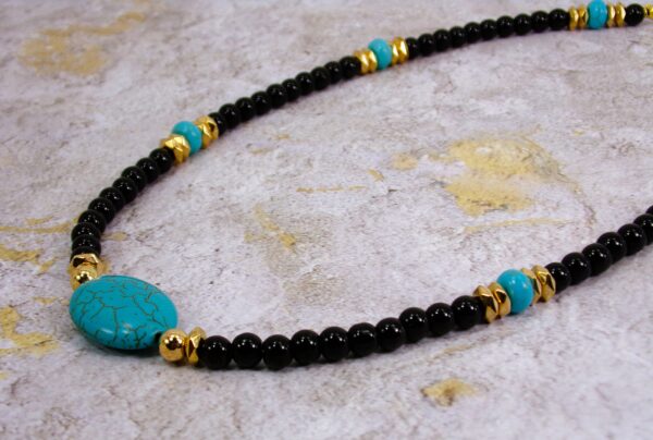TURQUOISE STONE AND BLACK GLASS BEAD NECKLACE - Image 6