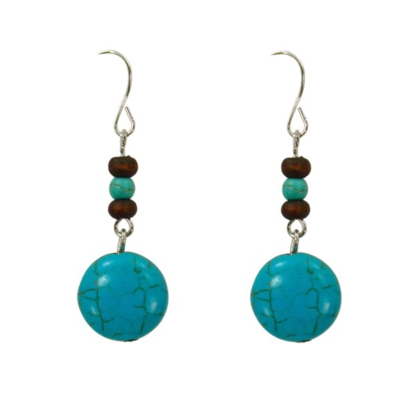TURQUOISE STONE AND WOOD BEAD EARRINGS
