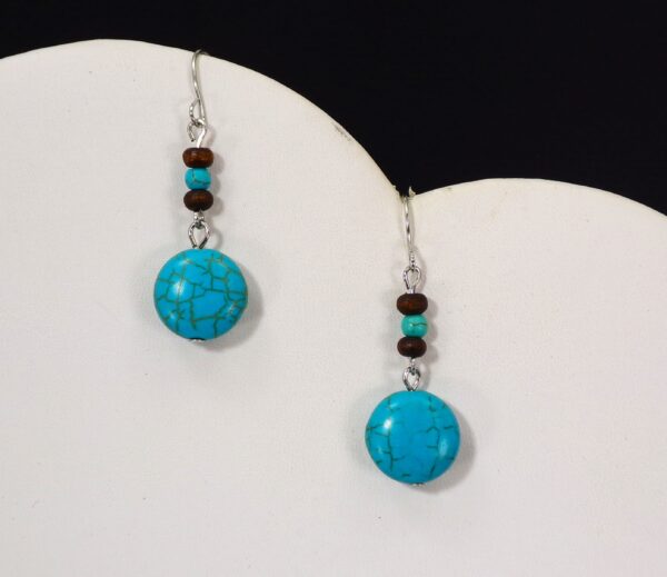 TURQUOISE STONE AND WOOD BEAD EARRINGS - Image 3