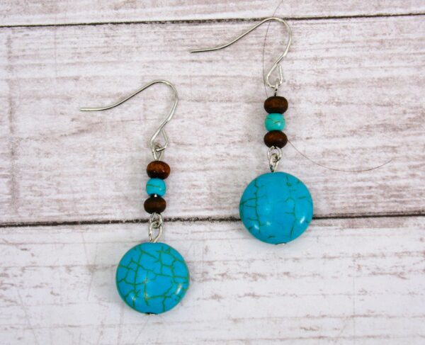 TURQUOISE STONE AND WOOD BEAD EARRINGS - Image 2