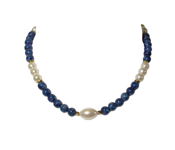 BLUE BEAD AND WHITE PEARL NECKLACE WITH GOLD ACCENTS