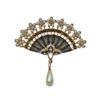 BLACK AND GOLD FAN PIN BROOCH WITH PEARLS