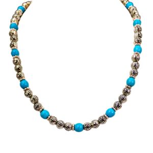 TURQUOISE STONE AND SILVER TEXTURED BEAD NECKLACE