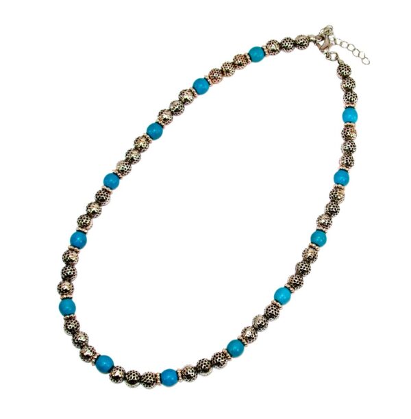 TURQUOISE STONE AND SILVER TEXTURED BEAD NECKLACE - Image 2