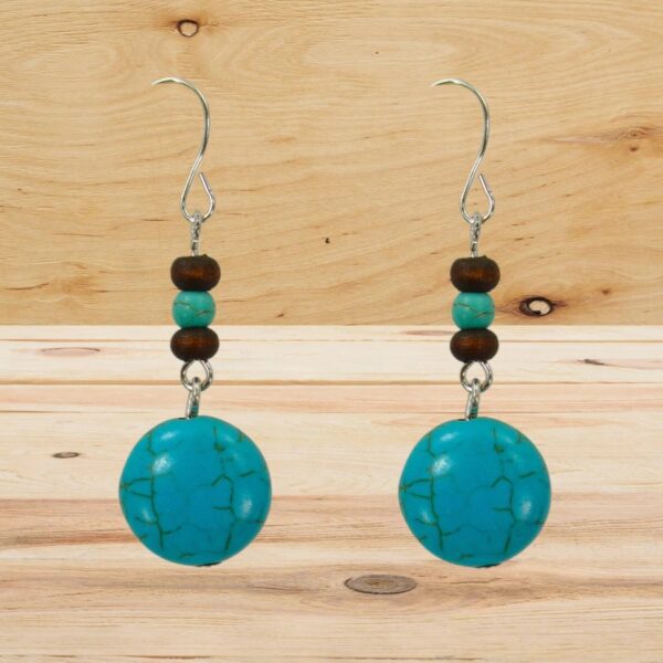 TURQUOISE STONE AND WOOD BEAD EARRINGS - Image 5