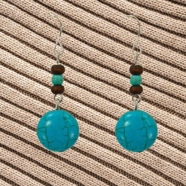 TURQUOISE STONE AND WOOD BEAD EARRINGS - Image 7