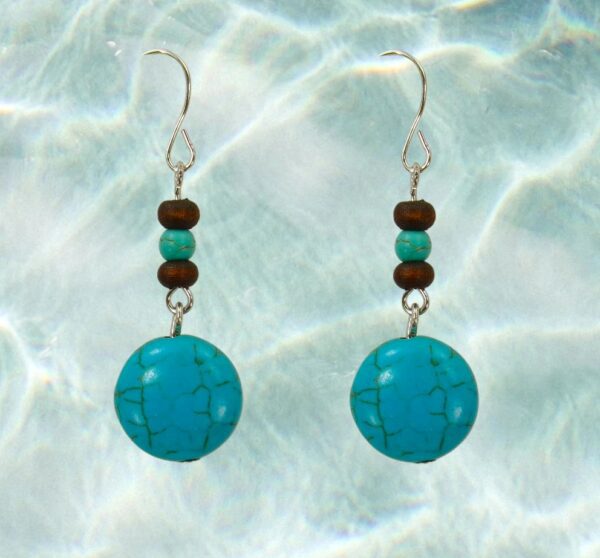 TURQUOISE STONE AND WOOD BEAD EARRINGS - Image 6