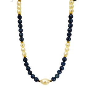BLUE BEAD AND WHITE PEARL NECKLACE WITH GOLD ACCENTS