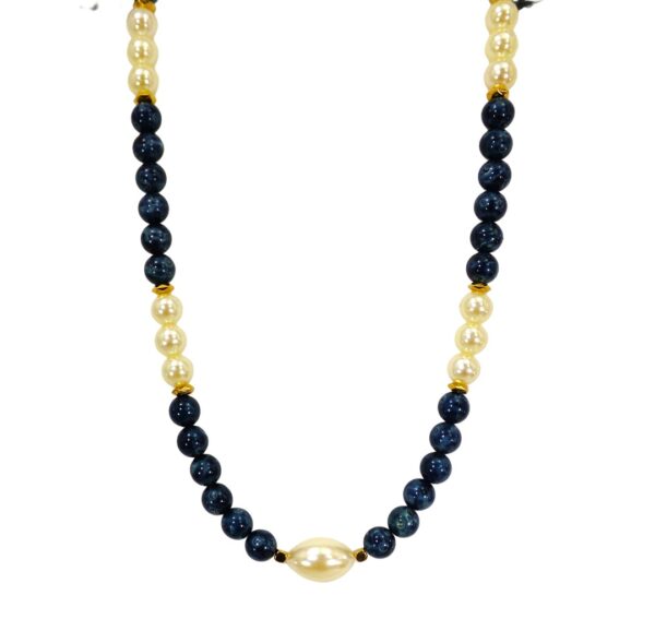 BLUE BEAD AND WHITE PEARL NECKLACE WITH GOLD ACCENTS - Image 2