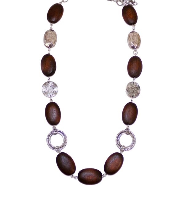 BROWN WOOD AND SILVER LINK NECKLACE