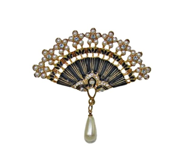 BLACK AND GOLD FAN PIN BROOCH WITH PEARLS