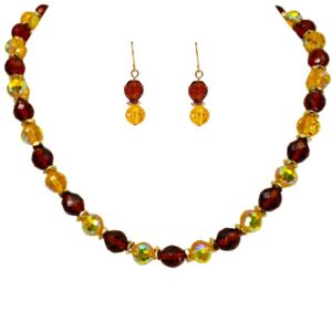 YELLOW AND BROWN GLASS BEAD NECKLACE AND EARRING SET