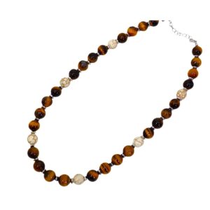 BROWN TIGER EYE STONE NECKLACE WITH WHITE AGATE STONES