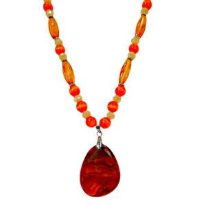 ORANGE STONE PENDANT NECKLACE WITH CAT EYE STONE AND GLASS BEADS