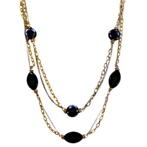 BLACK BEAD LAYERED NECKLACE WITH SILVER AND GOLD CHAIN
