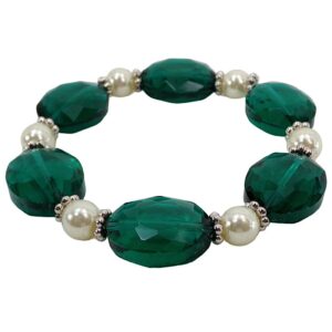 Green Glass and Pearl Bead Stretch Bracelet