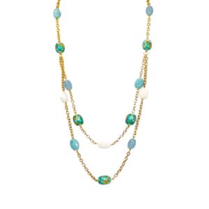 Turquoise & Gold Leaf Double Strand Necklace – Elegant Coastal Statement