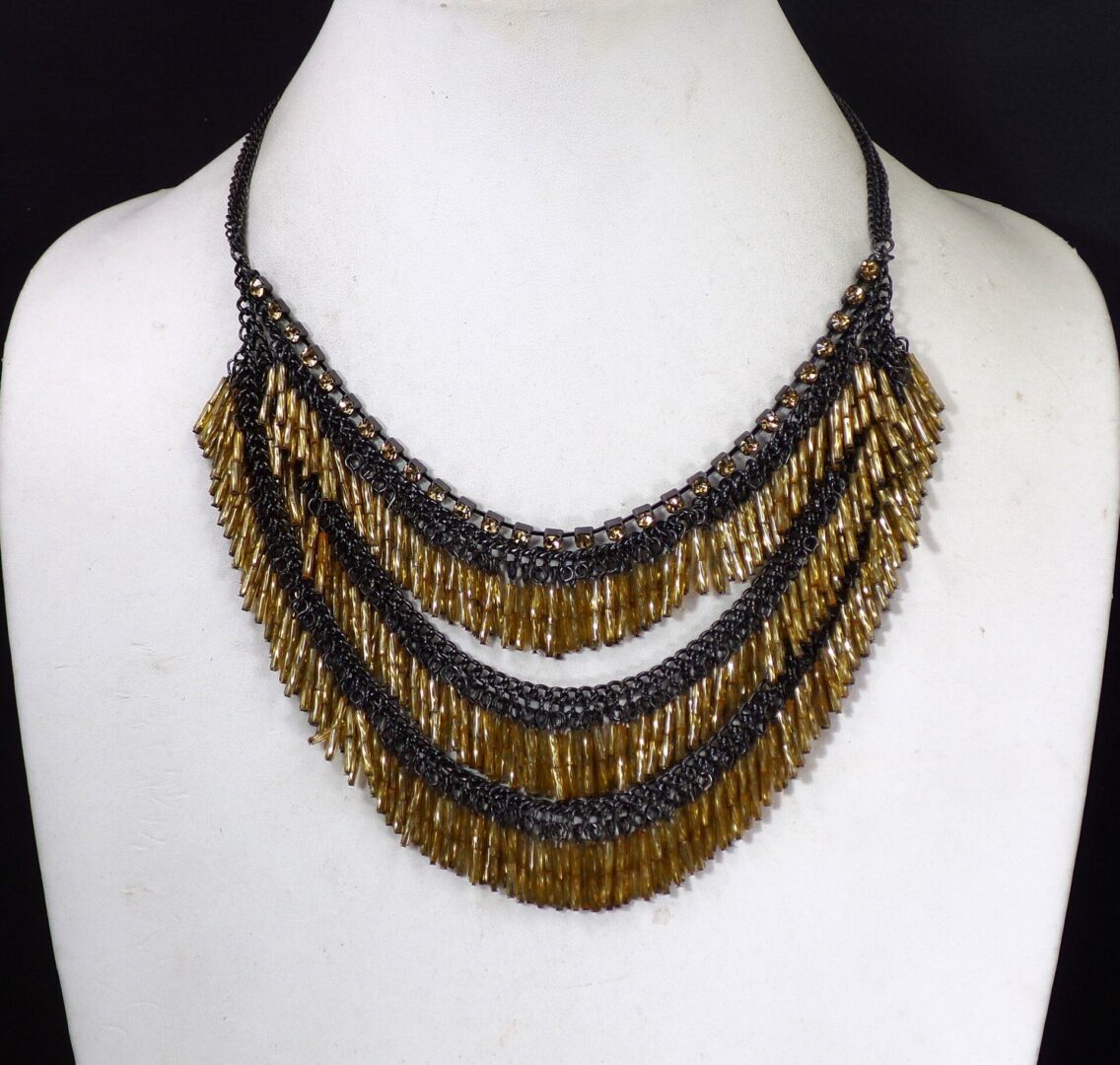 Black Gold Fringe Statement Necklace with Rhinestones - Image 3