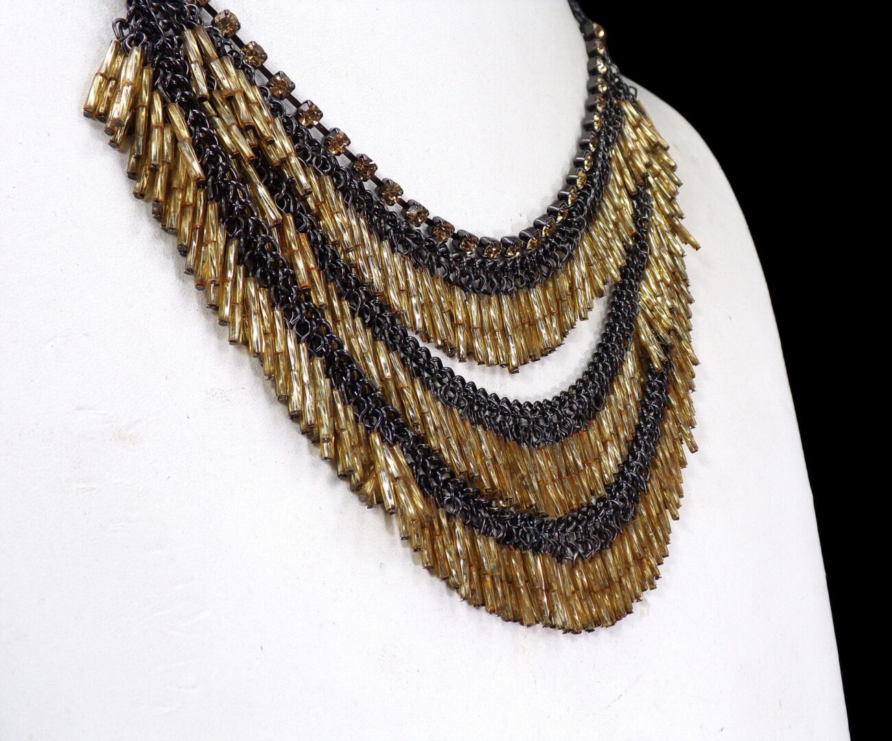 Black Gold Fringe Statement Necklace with Rhinestones - Image 4