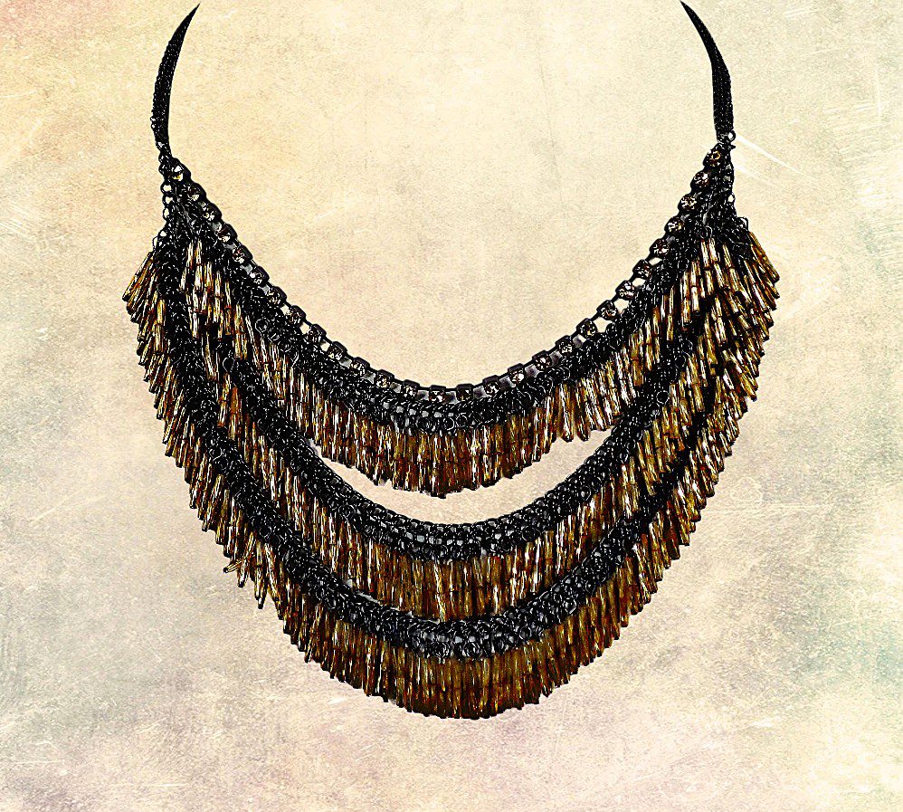 Black Gold Fringe Statement Necklace with Rhinestones - Image 5