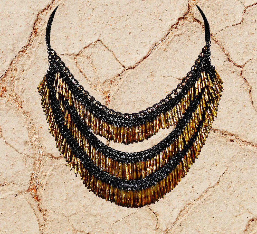 Black Gold Fringe Statement Necklace with Rhinestones - Image 6