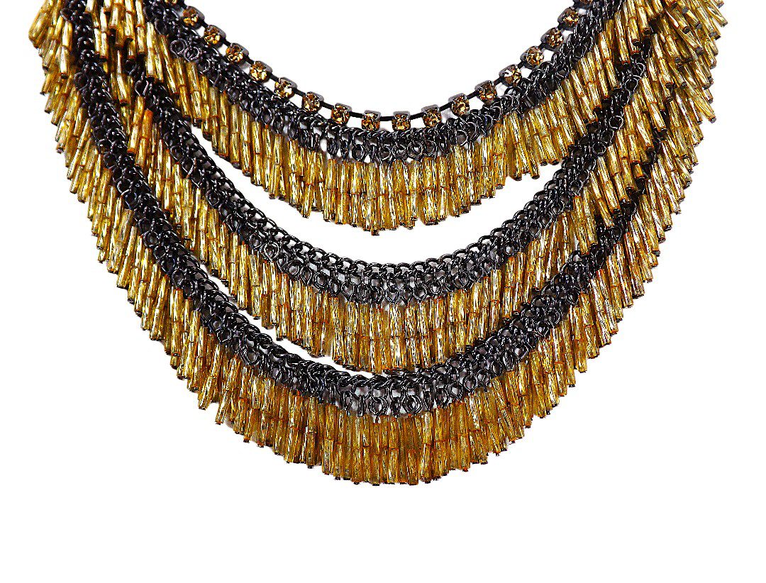 Black Gold Fringe Statement Necklace with Rhinestones - Image 2