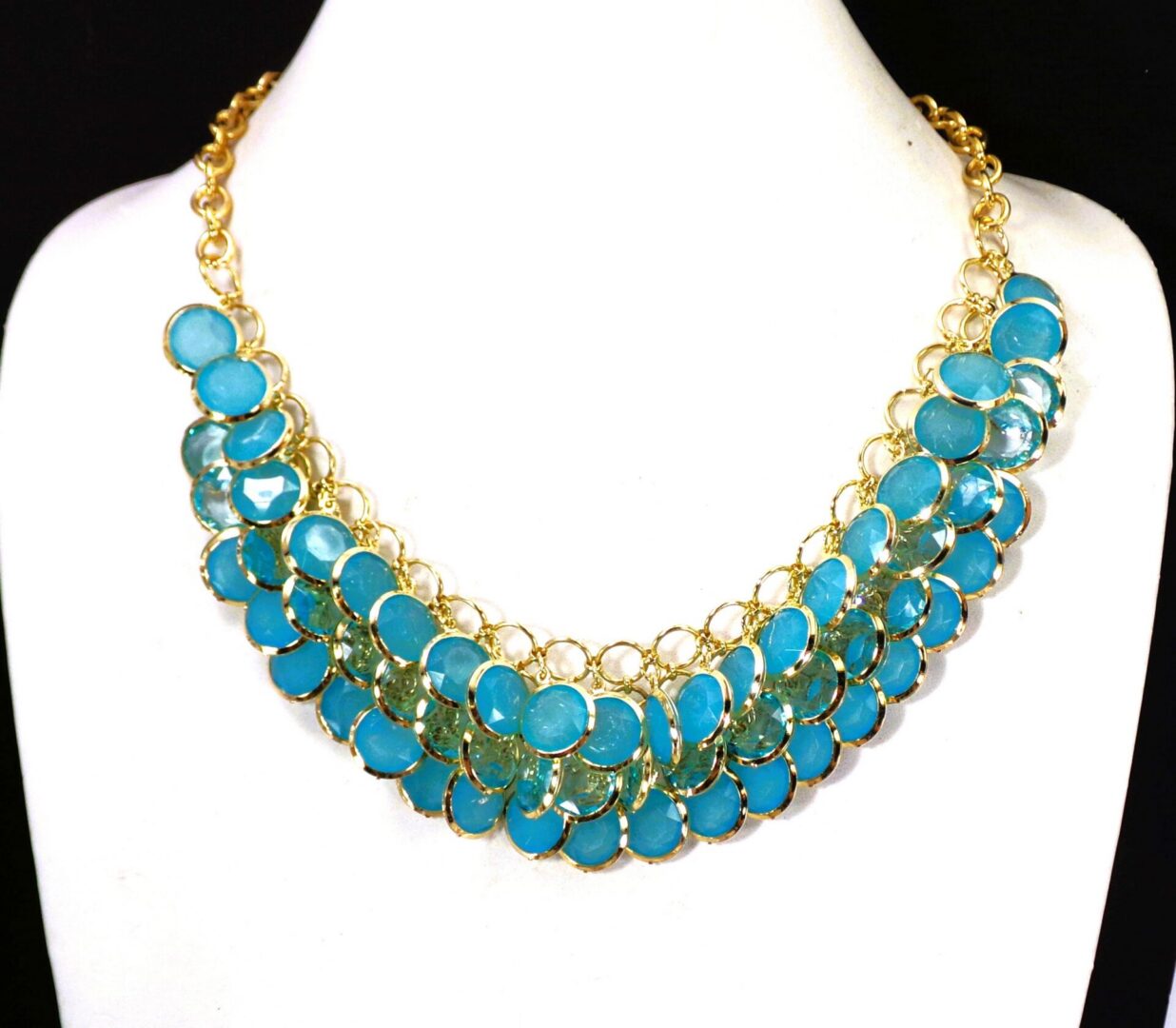 Turquoise Aqua Blue Fringe Statement Necklace - Image 3