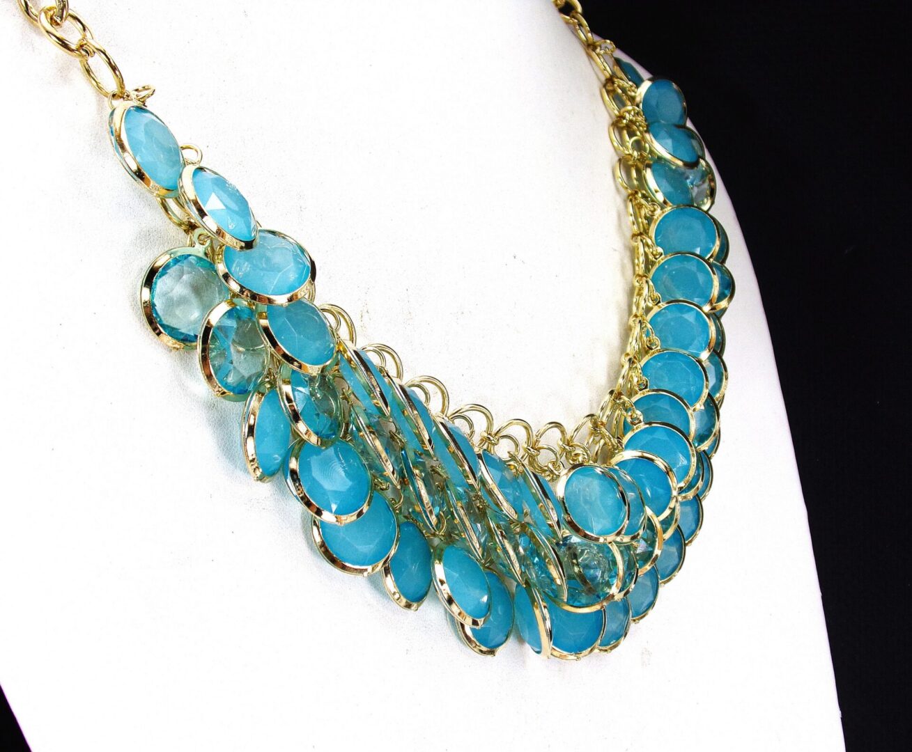 Turquoise Aqua Blue Fringe Statement Necklace - Image 4