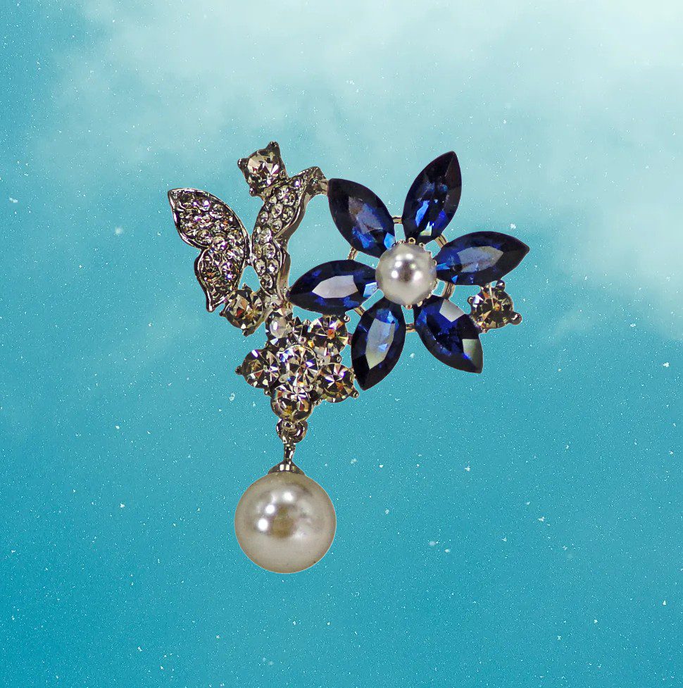 Blue Crystal Butterfly Pearl Brooch - Image 5