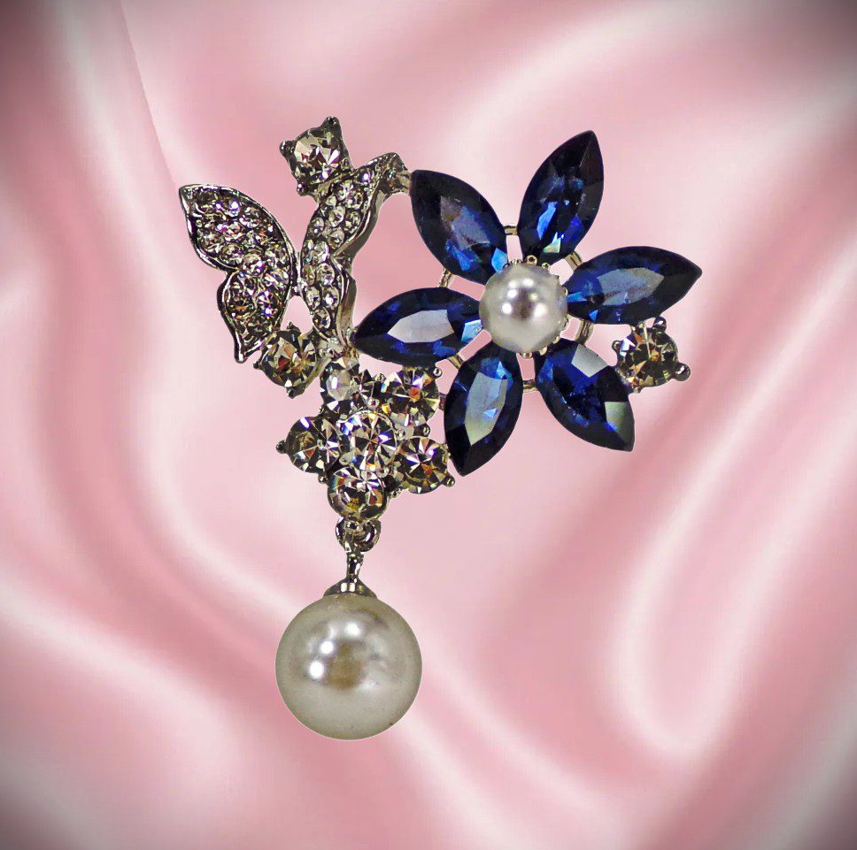 Blue Crystal Butterfly Pearl Brooch - Image 4