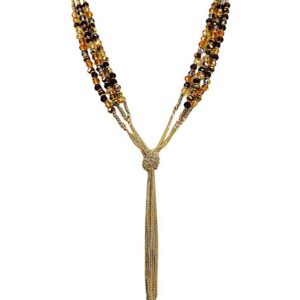 Brown Glass Bead & Gold Chain Tassel Statement Necklace